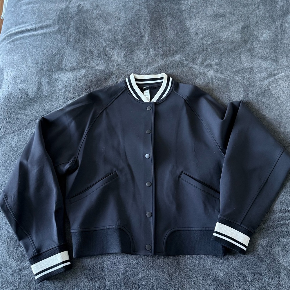 lululemon athletica Black Varsity-Style Bomber Jacket with White Stripes